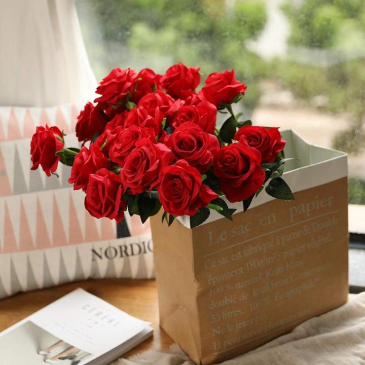 Kunstmatige Zijde Roos Bloem Enkele Stam Levensechte Nep Roos voor Bruiloft Boeket Bloemenarrangementen Huis Feest Bloemstuk Decoratie, 10 stuks (Rood)