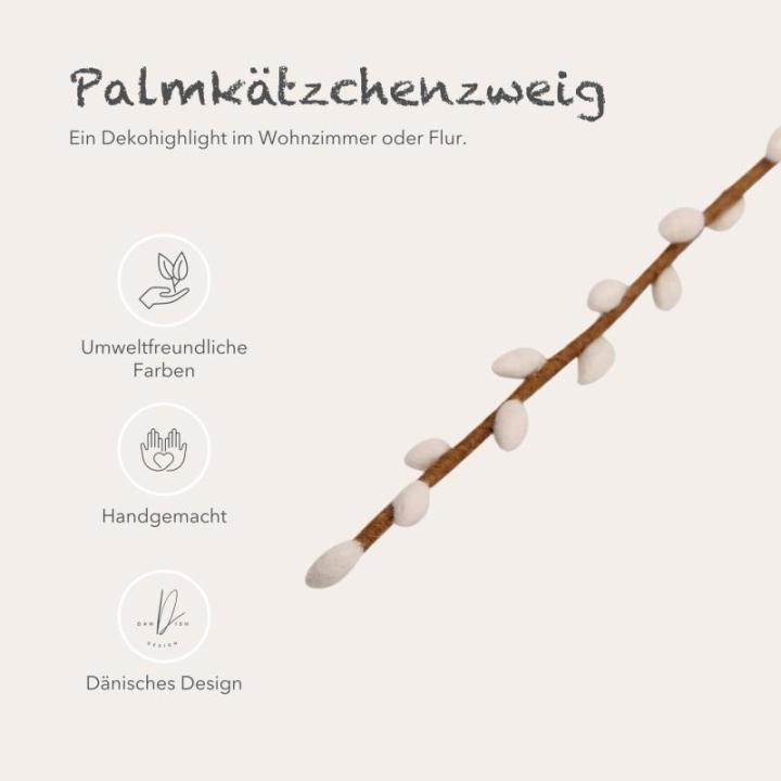 Gry & SIF Kunstpalmkittentakken, flexibele steel, decoratieve tak, kunsttak van vilt, wilgenkatje, kittenwilg, lentedecoratie, handgemaakt, Fairtrade I 43 cm, 3 x wit