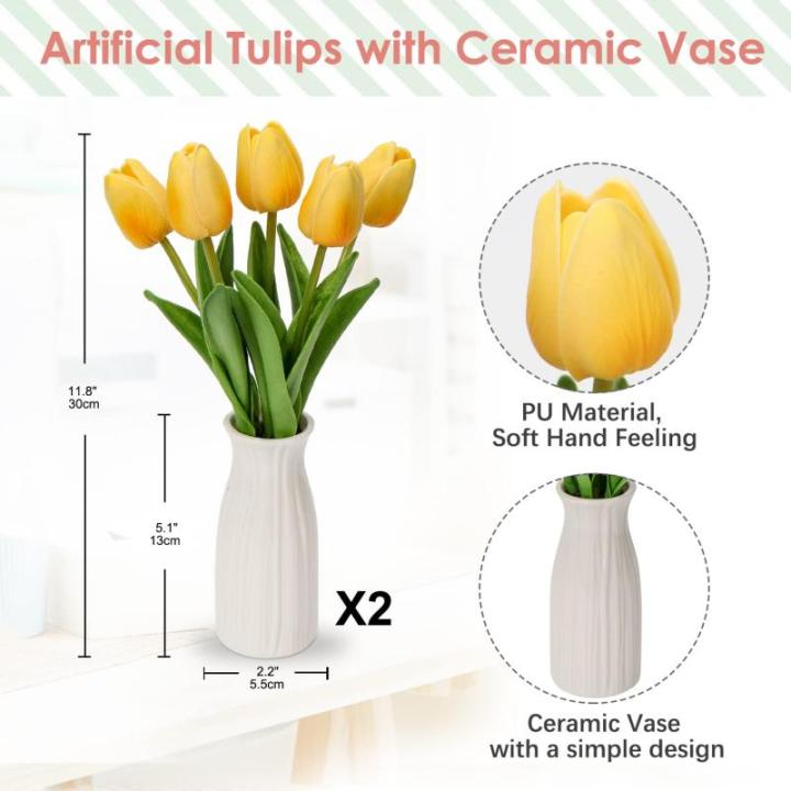 Kunstbloemen kunsttulpen bloemen als echte echte tulpen, hoogte 30 cm, met vaas van keramiek, decoratieve kunstplant (geel)