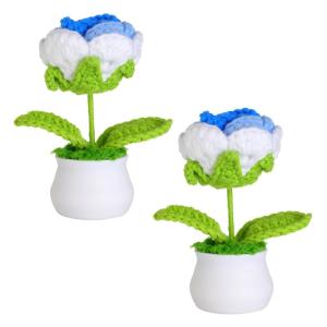 Kunstbloem roos gehaakte bloemen potplant, mini gebreide bloempot, kleine handgemaakte gehaakte bloem voor thuiskantoor tafeldecoratie, cadeau voor haar Valentijnsdag (2, witblauw)