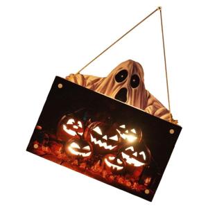 Kürbisschild Outdoor-Wandkunst | Kürbisschild Rustikale Wohndekoration | Rustikale Heimdekoration mit Seil, bedruckte Halloween-Veranda-Dekorationen (Ghost Pumpkin Wsgp 01c)