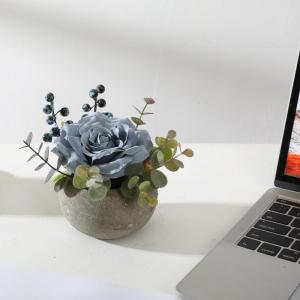 Kunstroos bloem met pot, combinatie van namaakzijden roos en groen, kleine kunstplant met eucalyptusbladeren voor slaapkamer, boekenkast, decoraties (1, blauwe roos)