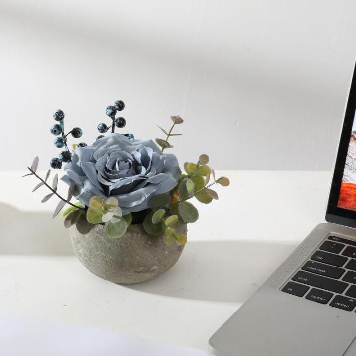 Kunstroos bloem met pot, combinatie van namaakzijden roos en groen, kleine kunstplant met eucalyptusbladeren voor slaapkamer, boekenkast, decoraties (1, blauwe roos)