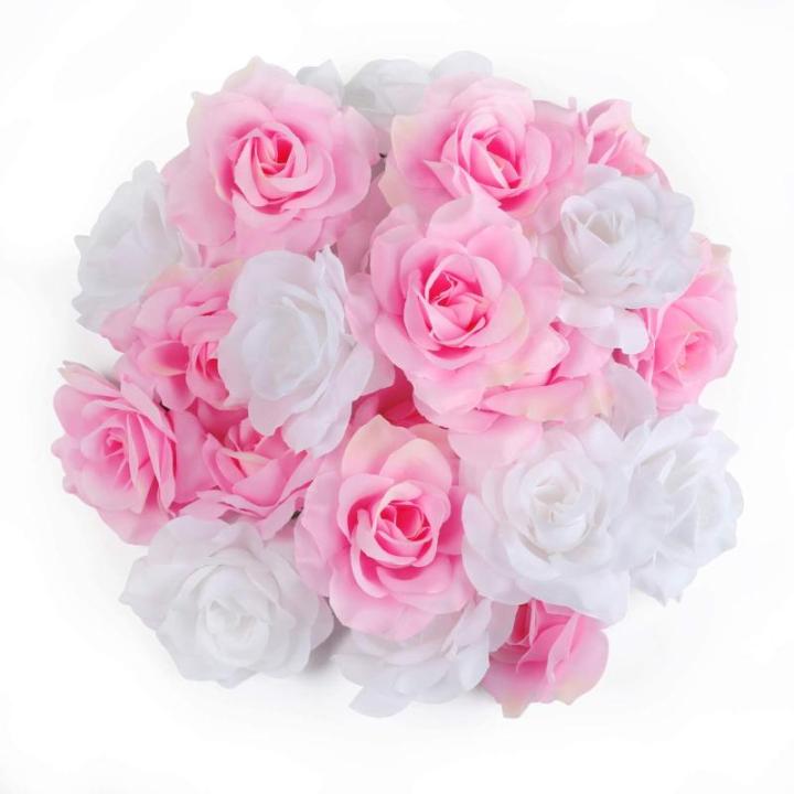 Kunstbloemkoppen, 50 stuks, kunstbloemen, rozen, voor bruiloft, feest, decoratie, doe-het-zelf (diameter 6 cm, wit en roze)