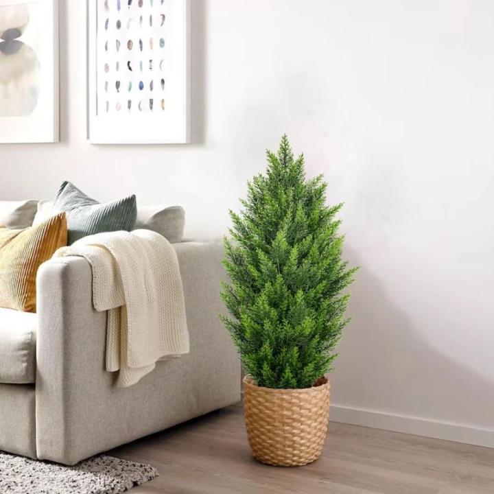 Künstliche Zedern, 91 cm, 2 Stück, künstlicher Formschnitt, UV-beständig, künstliche Sträucher, Zypressen, 14 cm breit, robuste Töpfe für Zuhause, Innen- und Außenbereich,