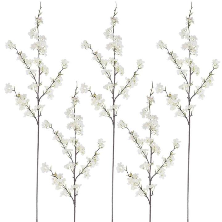 Faux Cherry Blossom Zweige 5pcs 39 Zoll realistische Kirschblütenstiele mit 4 Stielen Seidenkirschblütenblumenzweige für Vase Lange Stiele falsche Blüten Vase -Arrangements Wei