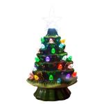 Grüner 10,5 x 18,8 cm großer Keramik-Weihnachtsbaumschmuck, handbemalter Keramik-Baum, beleuchteter Feiertagsmittelaufsatz mit bunten Lichtern