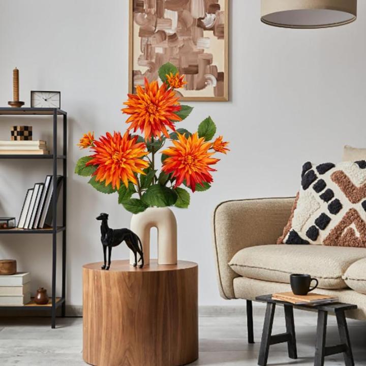 3 stuks oranje kunstmatige dahlia's, 75 cm kunstzijden bloemen met lange steel voor bloemarrangementen, faux dahlia's bloemen voor doe-het-zelf bruiloft party middenstuk huis kanto