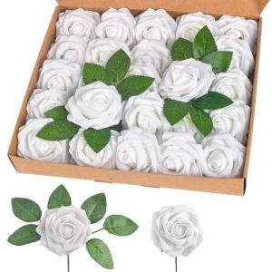Kunstroos, van schuim met stengel voor thuisdecoratie, bruidsboeketten, feesten, tafelversiering, jubilea, 25 stuks, wit