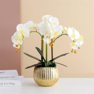 Kunstblumen Phalaenopsis-Kunstblumen-Arrangement, Simulationsblumen-Tischdekorationszubehör mit vergoldetem Keramiktopf für jeden Anlass