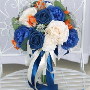Künstlicher Blumenstrauß für Hochzeiten, blau und orange, Hochzeitsblumendekoration