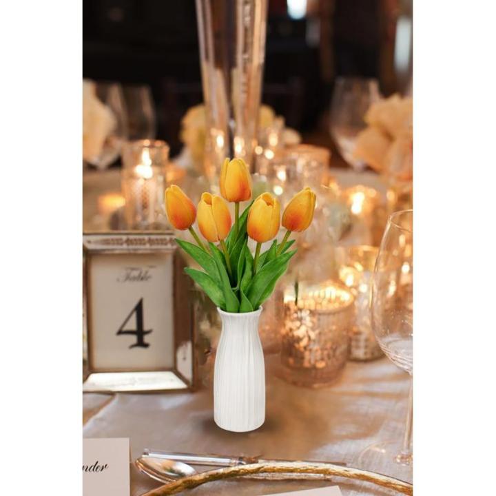 Kunstbloemen kunsttulpen bloemen als echte real touch tulpen, hoogte 30 cm, met vaas van keramiek, decoratieve kunstplant (oranje)