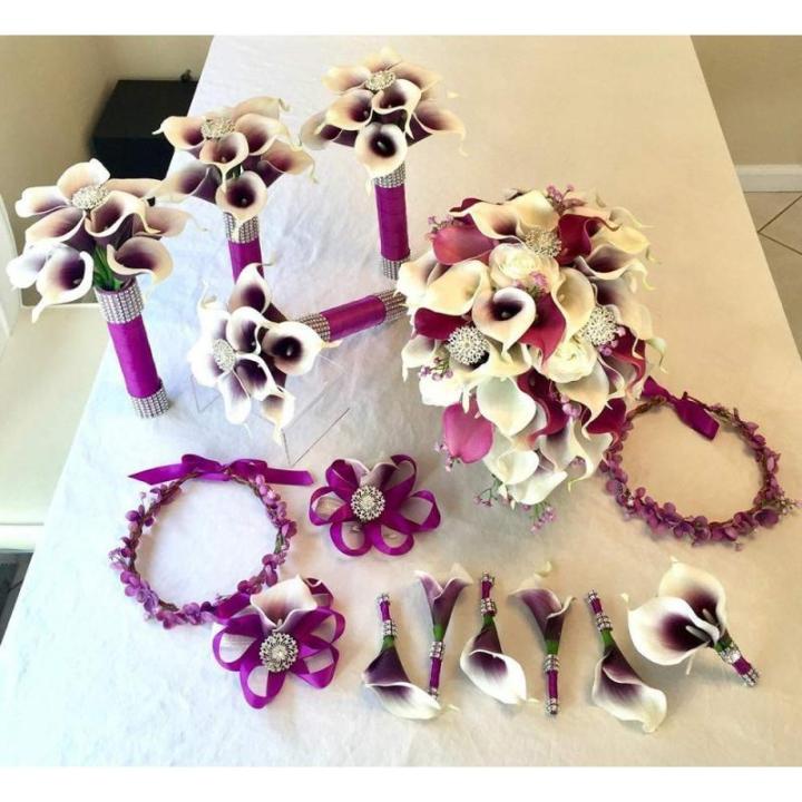 20 stuks kunstbloemen Calla lelie, bruid, latex, ware aanraking, familie, decoratie, feest, bruiloft, hotel, decoratie, boeket (paars-wit)