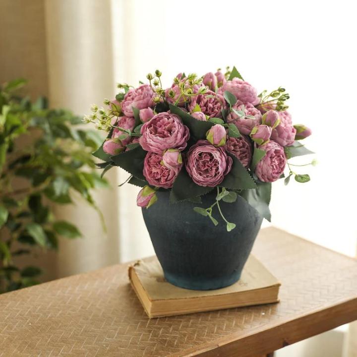 4 bossen kunstmatige bloemen pioen zijde pioenrozen boeketten nep bloemen boeketten bruiloft decoratie thuis tafel keuken kantoor tuin bruids groen (Cameo bruine knop)