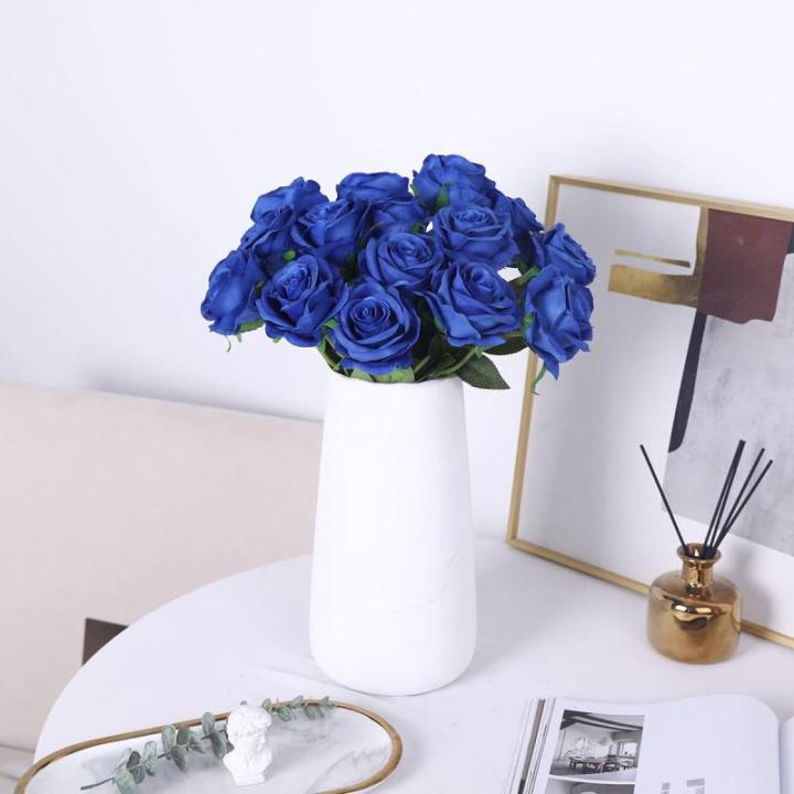10 stuks zijden kunstrozen bloemen bruidsboeket bloemen (blauw)