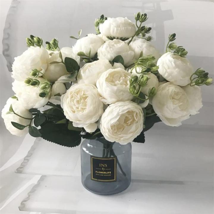 Rose Pink Silk Peony Bloemen Boeket 5 Grote Hoofd en 4 Knoppen Nep Bloemen voor Thuis Bruiloft Decoratie Indoor (L,6 * 30cm)