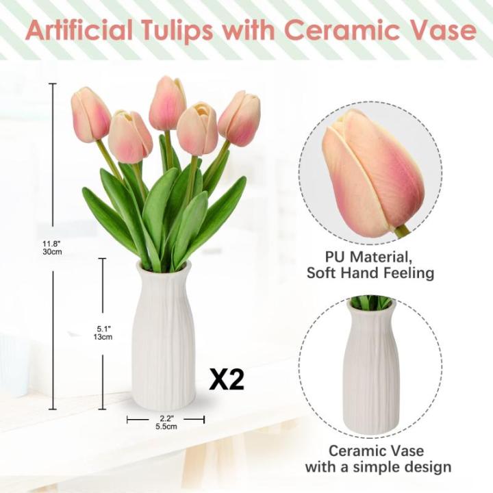Kunstbloemen, kunsttulpen, net als echte echte tulpen, hoogte 30 cm, met vaas van keramiek, decoratieve kunstplant (lichtroze)