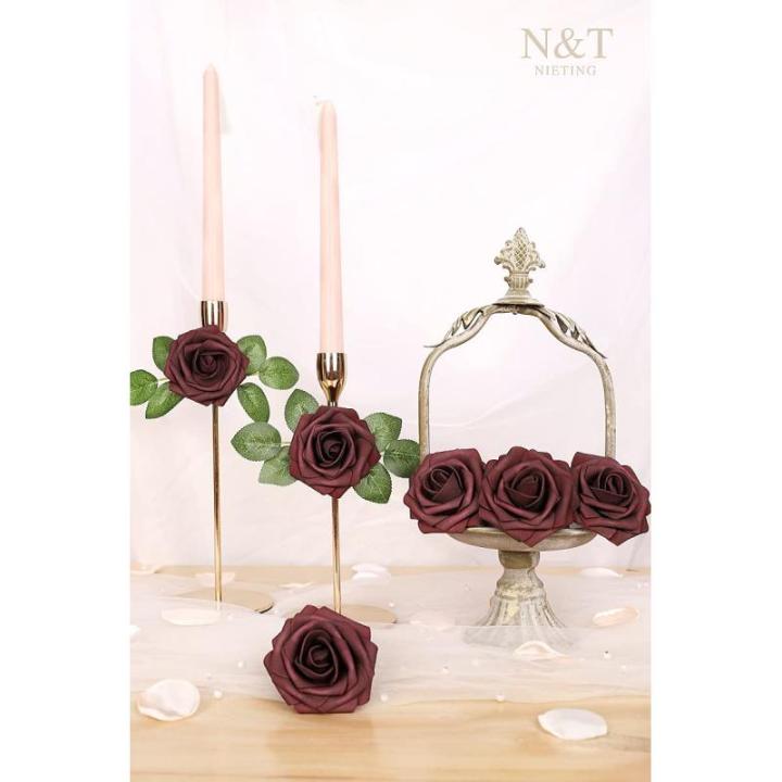 Kunstbloemen, rozen, 25 stuks, decoratieve kunstrozen met steel, doe-het-zelf bruiloft, bruidsfeest, feesttafels, boeketten, bruid, woondecoratie, bordeauxrood
