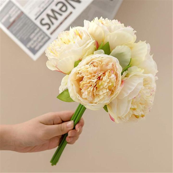 Simulation Blumenstrauß,Künstlicher Blumenstrauß Pfingstrose, 5er-Bouquet, echte Seidenblumen mit Stiel, cremefarbene Kunstblumen als Dekoration in großen Mengen(Yellow)
