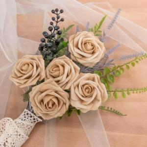 Kunstbloemen, rozen, 25 stuks, decoratieve bloemen, kunstrozen met stelen, Valentijnsdag, Moederdag, bruiloftsfeest, babyshower, woondecoratie, lichtbruin