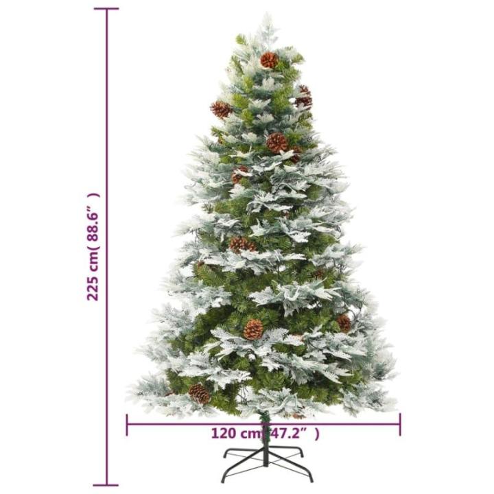 Künstlicher Weihnachtsbaum mit LED Beleuchtung Weihnachtsbaum mit Schnee mit Tannenzapfen Grün und Weiß PVC 225 x 120 cm