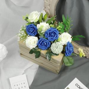 Kunstbloemen, rozen, 25 stuks kunstrozen met steel, doe-het-zelf decoratie, voor bruiloft, boeketten, bruid, woondecoratie, ivoor en blauw