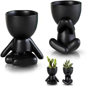 2 stuks schattige mini-bloempotten van keramiek, moderne keramische bloempotten, bloempotten, vetplanten, geschikt voor kantoor- en woonkamerdecoratie (zwart)