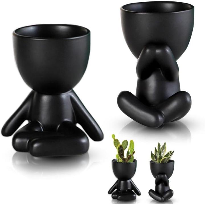 2 stuks schattige mini-bloempotten van keramiek, moderne keramische bloempotten, bloempotten, vetplanten, geschikt voor kantoor- en woonkamerdecoratie (zwart)