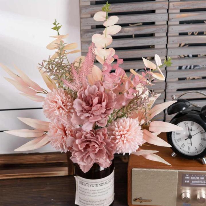 Kunstblumen Künstliche Pflanzen Blumen Deko Seidenblumen Hortensien Blumenarrangements Kernstück Hochzeit Blumenstrauß(Rouge)