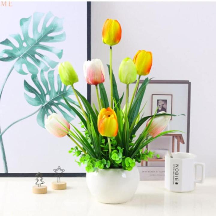 Kunstblumen Künstliche Tulpenblumen mit Keramikvase, echter Tulpenstrauß, lebendiges Tulpenblumenarrangement, für Hausgartenparty für jeden Anlass
