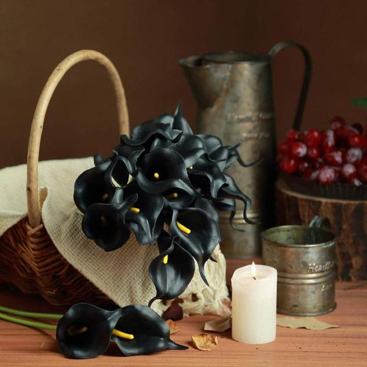 24 Stück Schwarze Calla-Lilien-Blumen, künstlich für Dekorationen, Schwarze künstliche Blumen, Calla-Lilien-Blumenstrauß für Hochzeit, Tafelaufsätze, Blumen-Dekoration, Heim