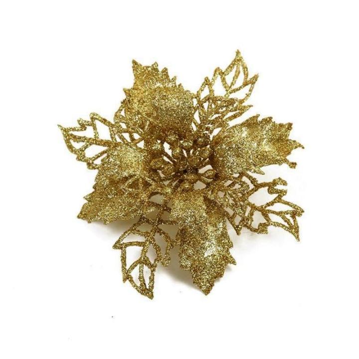 Poinsettia Kerstster met clips, 10 stuks, glinsterend voor kerstboomdecoraties, kerstbloemen voor Kerstmis, tuin, Nieuwjaar, kransen, goud