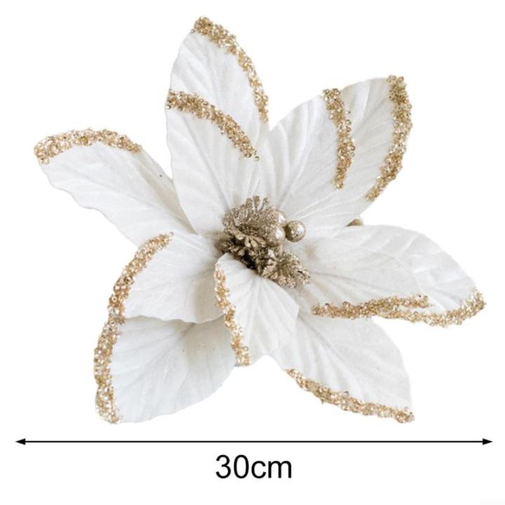 30 cm Weihnachtsblumen, weihnachtliche Glitzer-Weihnachtssterne, Weihnachtsbaumschmuck-Anhänger, handgefertigte Weihnachtsdekoration, künstliche Blumen(Cremeweiß)