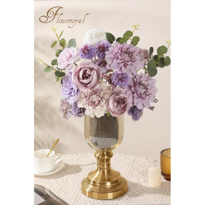 Künstliche Blumen Combo Lila Blumen Mix Seide Blumen Dahlie Rosen mit Stielen für DIY Hochzeit Brautsträuße, Babyparty, Blumenarrangement, Tischaufsätze, Heimdekorationen.