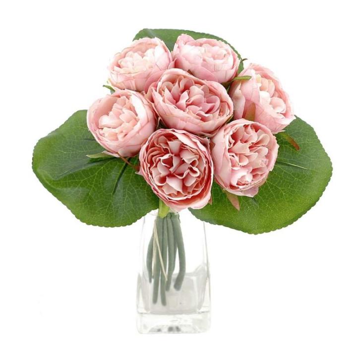 Peony Pioenrozen, boeket met 7 bloemen, 3 bladen, verschillende kleuren -
