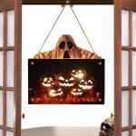 Kürbisschild Outdoor-Wandkunst | Kürbisschild Rustikale Wohndekoration | Rustikale Heimdekoration mit Seil, bedruckte Halloween-Veranda-Dekorationen (Ghost Pumpkin Wsgp 01c)