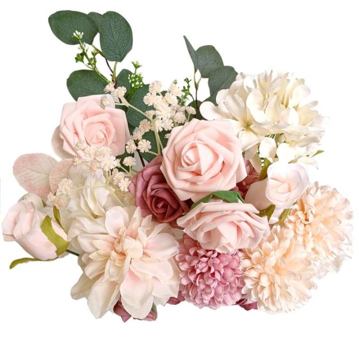 , schuim-nep-combo-set, bloemen met stengels, voor doe-het-zelf bloemstukken, boeketten, bruiloft, feest, thuis, babyshower decor (champagne stoffig roze)
