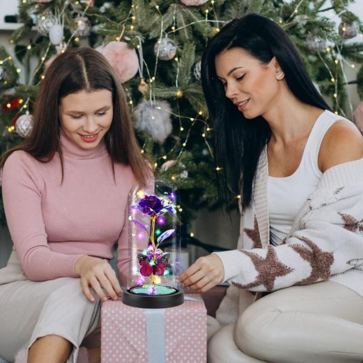 De mooie en het Beest Eeuwige Rose, Galaxy Rose, cadeau voor vriendin, roos in een glazen koepel met ledlicht, cadeau voor mama (paars)
