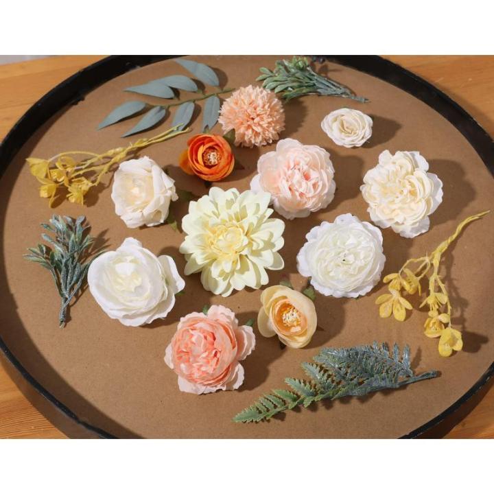 Kunstbloemkoppen, rozen, pioenrozen, dahlia's, bloemhoofden, zijden bloemen, voor feest, doe-het-zelf bruid, bruiloft, bloemstukken, combo decoratie (warm oranje)