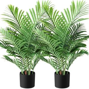 Kunstpflanzen Groß Areca Kunstpalme 90 cm im Topf Künstliche Pflanze Tropical Hawaii Grün Fake Plant für Schlafzimmer Büro Garten Hochzeit Party Deco (2 Stück)