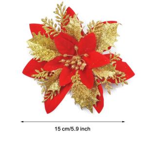 GL-Turelfies 12 STK. Glitzer Weihnachtsblumen (15cm/5,9'') mit 12 STK. Clips Künstliche Weihnachtsstern Blumen Weihnachtsbaum Blumenschmuck Weihnachtsbaum Ornamente (rot)