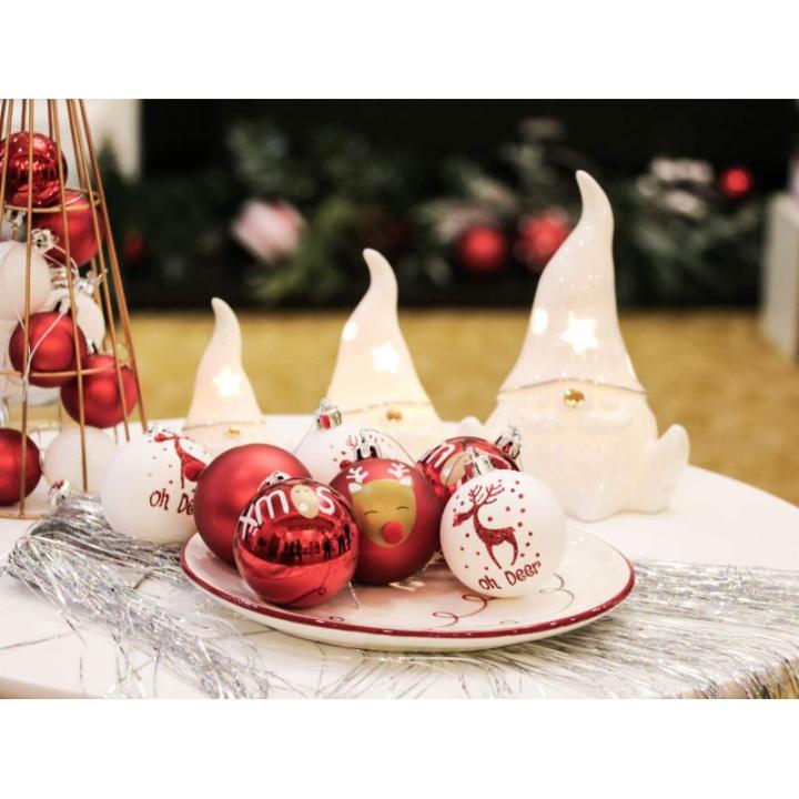 9 stuks 6cm , kerstboomballen, traditioneel rood en wit elandentekenthema, kerstboomversiering, uitgerust met touw kraftpapier inwikkeling