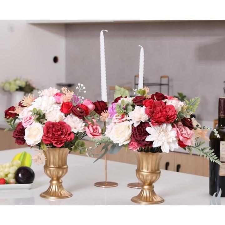 Kunstbloemkoppen, rozen, pioenrozen, dahlia's, bloemhoofden, zijden bloemen, voor feest, doe-het-zelf, bruid, bruiloft, bloemstukken, combo decoratie (wijnrood)