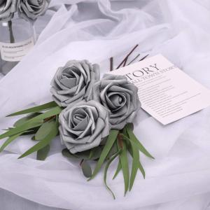 Künstliche Rosen Blume, 25 Stück Schaumrosen Fake Rosen mit Stielen für Hochzeit Blumensträuße Braut Babydusche Party Zuhause Dekoration, Silbrig