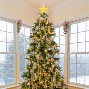 1,5 m kerstboom lichtketting met ring, 8 slingers en kerstboompiek ster, 210 LED kerstboomverlichting binnen met 8 modi, warm wit