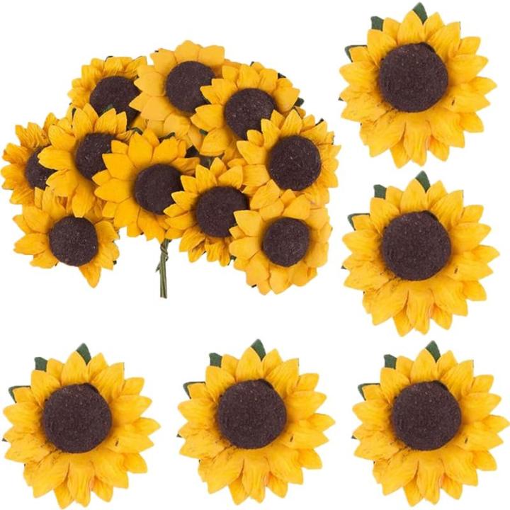 Kunstzonnebloemen, decoratie, 100 stuks met 5 stickers, enkele steel, zijde, zonnebloem als echt, nep zonnebloem, gele bloemen, voor bruiloft, feest, doe-het-zelf, uitnodigingskaar