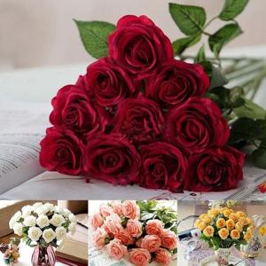 alkyoneus 10 PCS Künstliche Latex Blumenstrauß Rose Blumen Hochzeit Party Office Home Decor rot