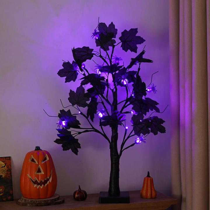 Halloween decoratie voor binnen, zwart esdoornblad, boomverlichting met 24 leds, Halloween-decoratie, griezelige lichtboom met led-spinnenlicht, berkenboom met timer voor Halloween