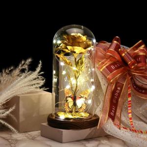 Ewige Rose im Glas mit Licht, Weihnachtsglasabdeckung, simulierte Rosenlichtdekoration, Geburtstagsgeschenk für Frauen Hochzeit Jahrestag Valentinstag(Gold,)