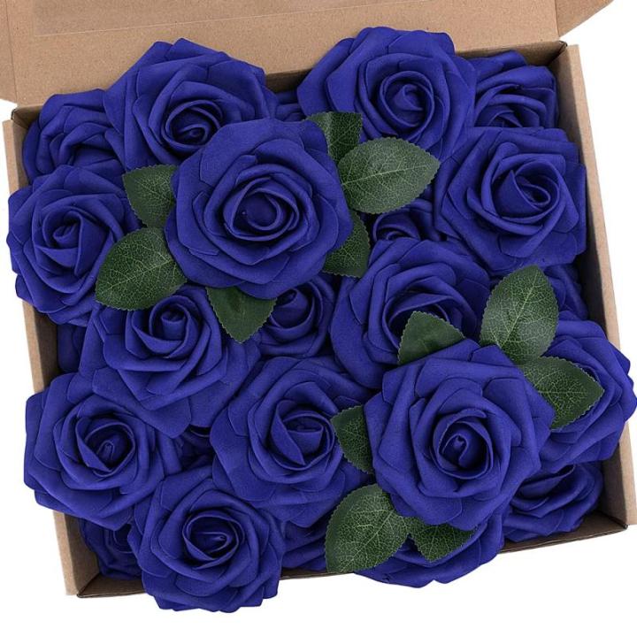 Kunstbloemen, rozen, 25 stuks, kunstrozen met steel, voor doe-het-zelf bruiloft, boeketten, bruid, babyshower, feest, woondecoratie, donkerblauw